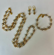Load image into Gallery viewer, Vintage Suzanne Bjontegard Goldtone Faux Pearl Rhinestone Beaded Chain Necklace Bracelet &amp; Earrings Set
