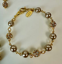 Load image into Gallery viewer, Vintage Suzanne Bjontegard Goldtone Faux Pearl Rhinestone Beaded Chain Necklace Bracelet &amp; Earrings Set
