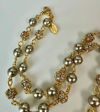 Load image into Gallery viewer, Vintage Suzanne Bjontegard Goldtone Faux Pearl Rhinestone Beaded Chain Necklace Bracelet &amp; Earrings Set
