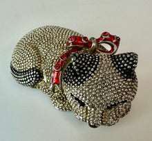 Load image into Gallery viewer, Vintage Rucinni Silvertone Rhinestone Enamel Collar Sleeping Cat Brooch PIn (2.25")
