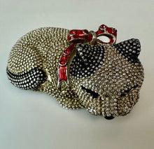 Load image into Gallery viewer, Vintage Rucinni Silvertone Rhinestone Enamel Collar Sleeping Cat Brooch PIn (2.25")
