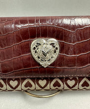 Load image into Gallery viewer, Burgundy Alligator Embossed Leather Heart Print Canvas Silvertone Detail Long Wallet (4.5x7.5x1")
