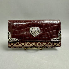 Load image into Gallery viewer, Burgundy Alligator Embossed Leather Heart Print Canvas Silvertone Detail Long Wallet (4.5x7.5x1")
