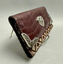 Load image into Gallery viewer, Burgundy Alligator Embossed Leather Heart Print Canvas Silvertone Detail Long Wallet (4.5x7.5x1")
