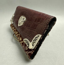 Load image into Gallery viewer, Burgundy Alligator Embossed Leather Heart Print Canvas Silvertone Detail Long Wallet (4.5x7.5x1")

