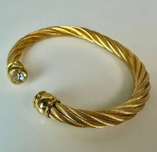 Load image into Gallery viewer, Vintage Goldtone Flexible Twisted Cable Open Cuff Clear Rhinestone Bracelet (7" Inside Circumference)
