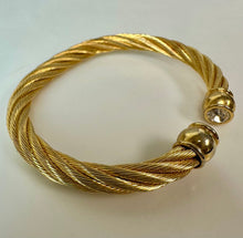 Load image into Gallery viewer, Vintage Goldtone Flexible Twisted Cable Open Cuff Clear Rhinestone Bracelet (7" Inside Circumference)
