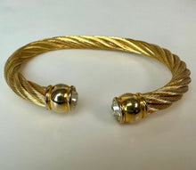 Load image into Gallery viewer, Vintage Goldtone Flexible Twisted Cable Open Cuff Clear Rhinestone Bracelet (7" Inside Circumference)

