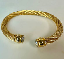 Load image into Gallery viewer, Vintage Goldtone Flexible Twisted Cable Open Cuff Clear Rhinestone Bracelet (7" Inside Circumference)
