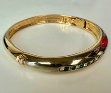Load image into Gallery viewer, Vintage Roman Goldtone Alternating Green &amp; Clear Channel Set Crystal Hinged Bangle Bracelet (6.75" Inside Circumference)
