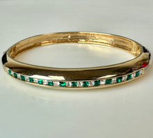 Load image into Gallery viewer, Vintage Roman Goldtone Alternating Green &amp; Clear Channel Set Crystal Hinged Bangle Bracelet (6.75" Inside Circumference)
