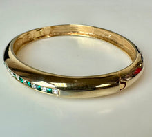 Load image into Gallery viewer, Vintage Roman Goldtone Alternating Green &amp; Clear Channel Set Crystal Hinged Bangle Bracelet (6.75" Inside Circumference)
