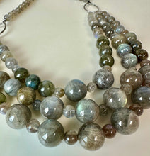 Load image into Gallery viewer, Triple Strand Graduated Labradorite Bead Sterling Accent Necklace (22")
