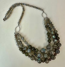 Load image into Gallery viewer, Triple Strand Graduated Labradorite Bead Sterling Accent Necklace (22")
