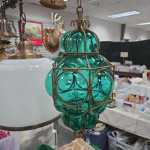 Load image into Gallery viewer, Green Murano Glass Caged Hanging Pendant Light Fixture (~16") (As-Is; Unwired)

