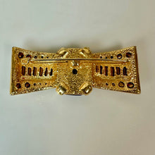 Load image into Gallery viewer, Vintage Goldtone Navy Pearlized Acrylic Clear Rhinestone Bow Brooch Pin (2.5")

