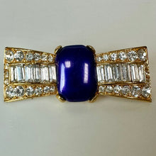 Load image into Gallery viewer, Vintage Goldtone Navy Pearlized Acrylic Clear Rhinestone Bow Brooch Pin (2.5")
