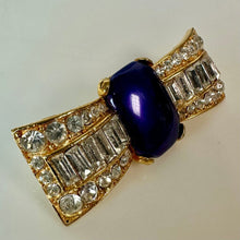 Load image into Gallery viewer, Vintage Goldtone Navy Pearlized Acrylic Clear Rhinestone Bow Brooch Pin (2.5")
