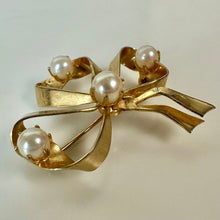 Load image into Gallery viewer, Vintage Goldtone Faux Pearl Ribbon Bow Brooch Pin (1.5")
