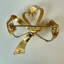 Load image into Gallery viewer, Vintage Goldtone Faux Pearl Ribbon Bow Brooch Pin (1.5")
