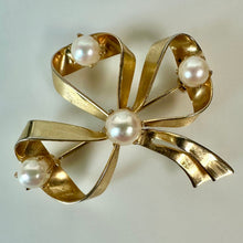 Load image into Gallery viewer, Vintage Goldtone Faux Pearl Ribbon Bow Brooch Pin (1.5")
