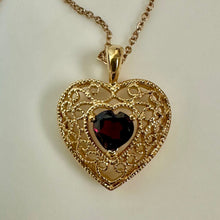 Load image into Gallery viewer, Garnet Goldtone Filigree Heart Pendant on 20" Chain
