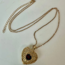 Load image into Gallery viewer, Garnet Goldtone Filigree Heart Pendant on 20" Chain
