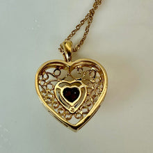 Load image into Gallery viewer, Garnet Goldtone Filigree Heart Pendant on 20" Chain
