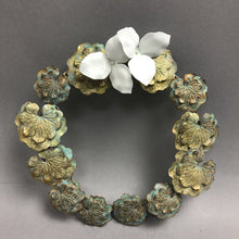 Load image into Gallery viewer, Verdigris Metalwork Floral Motif Hanging Wall Art Wreath with White Flowers
