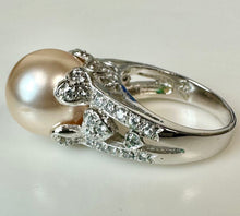 Load image into Gallery viewer, Sterling Faux Peach Pearl CZ Cocktail Ring sz 7 As-Is
