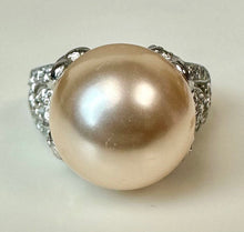 Load image into Gallery viewer, Sterling Faux Peach Pearl CZ Cocktail Ring sz 7 As-Is

