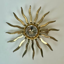 Load image into Gallery viewer, Vintage Sarah Cov Celestial Sunburst Goldtone Clear Rhinestone Brooch Pin (2")

