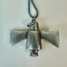 Load image into Gallery viewer, Vintage JPD Pewter Thunderbird Pendant w/ Removable Back on 28" Turquoise Painted Ball Chain Necklace
