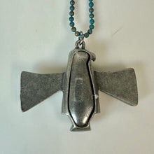 Load image into Gallery viewer, Vintage JPD Pewter Thunderbird Pendant w/ Removable Back on 28" Turquoise Painted Ball Chain Necklace
