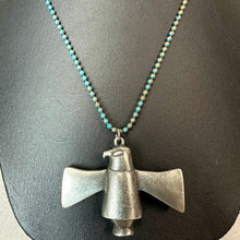 Load image into Gallery viewer, Vintage JPD Pewter Thunderbird Pendant w/ Removable Back on 28" Turquoise Painted Ball Chain Necklace
