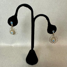 Load image into Gallery viewer, Vintage Silesian Wirework Silver &amp; Blue Glass Levalier Necklace &amp; Screw Back Earrings Set (16", 1.25")(
