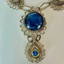 Load image into Gallery viewer, Vintage Silesian Wirework Silver &amp; Blue Glass Levalier Necklace &amp; Screw Back Earrings Set (16", 1.25")(
