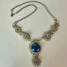 Load image into Gallery viewer, Vintage Silesian Wirework Silver &amp; Blue Glass Levalier Necklace &amp; Screw Back Earrings Set (16", 1.25")(
