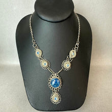 Load image into Gallery viewer, Vintage Silesian Wirework Silver &amp; Blue Glass Levalier Necklace &amp; Screw Back Earrings Set (16", 1.25")(
