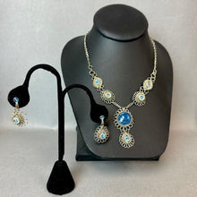 Load image into Gallery viewer, Vintage Silesian Wirework Silver &amp; Blue Glass Levalier Necklace &amp; Screw Back Earrings Set (16", 1.25")(

