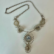 Load image into Gallery viewer, Vintage Silesian Wirework Silver &amp; Blue Glass Levalier Necklace &amp; Screw Back Earrings Set (16", 1.25")(
