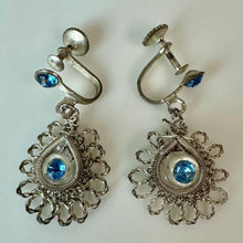 Load image into Gallery viewer, Vintage Silesian Wirework Silver &amp; Blue Glass Levalier Necklace &amp; Screw Back Earrings Set (16", 1.25")(
