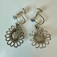 Load image into Gallery viewer, Vintage Silesian Wirework Silver &amp; Blue Glass Levalier Necklace &amp; Screw Back Earrings Set (16", 1.25")(
