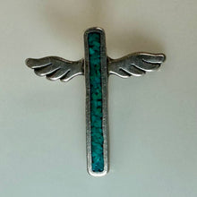 Load image into Gallery viewer, Vintage Sterling Turquoise Chip Inlay Winged Cross Pendant Charm (0.75")
