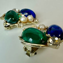 Load image into Gallery viewer, Vintage Karu Arke Blue Green Jelly Cabochon Rhinestone Faux Pearl Clip Earrings (1.25")
