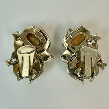 Load image into Gallery viewer, Vintage Karu Arke Blue Green Jelly Cabochon Rhinestone Faux Pearl Clip Earrings (1.25")
