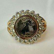 Load image into Gallery viewer, Vintage Gold Plated Lady Liberty Coin CZ Ring sz 8
