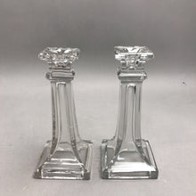 Load image into Gallery viewer, Vintage Clear Glass Square Base And Top Candlestick (7") Set of 2
