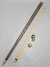 Load image into Gallery viewer, Carved Wood &amp; Brass Waling Stick Cane w/ Hidden Pool Cue (33")
