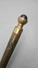 Load image into Gallery viewer, Carved Wood &amp; Brass Waling Stick Cane w/ Hidden Pool Cue (33")
